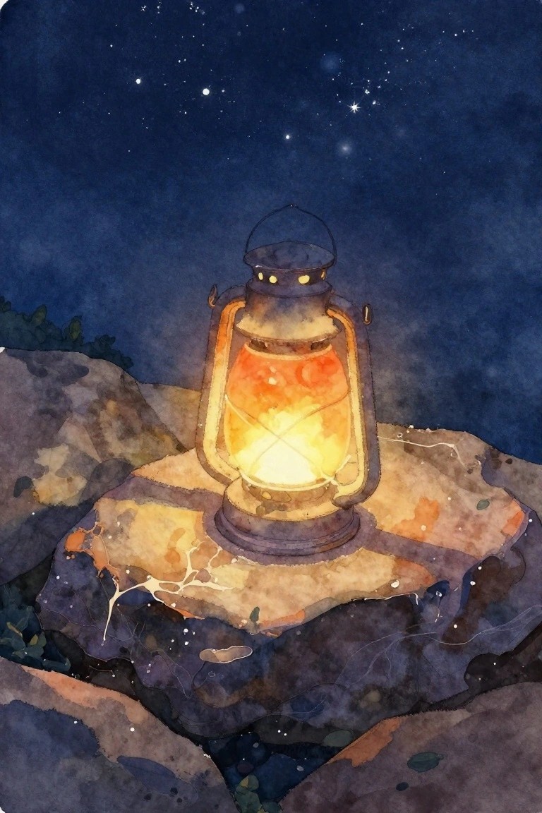 A watercolor painting of an illuminated lantern sitting on rocky ground beneath a starry night sky.