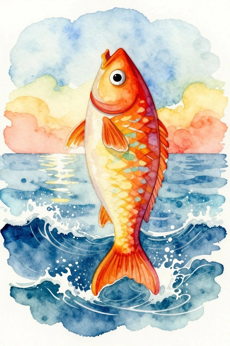 Orange fish leaping from splashing blue waves under a colorful watercolor sky.