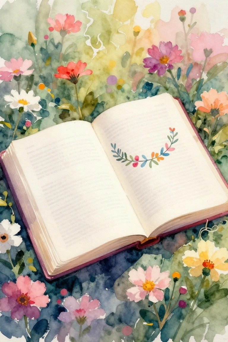 Open book with floral wreath amid vibrant pink yellow watercolor garden flowers