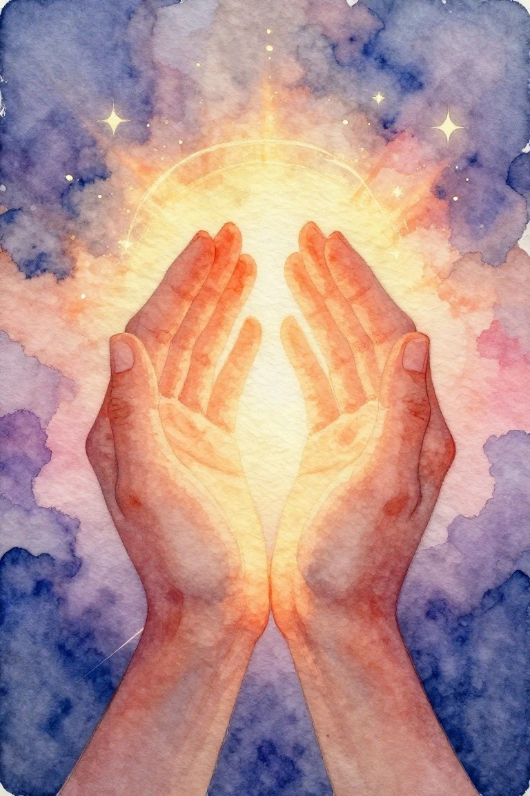 Watercolor hands cupping radiant golden light amid purple starry cosmic clouds