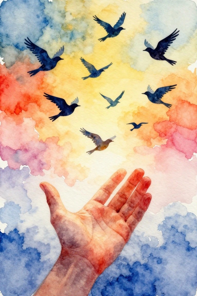 Watercolor of open hand reaching toward dark birds in vibrant cloudy sky.