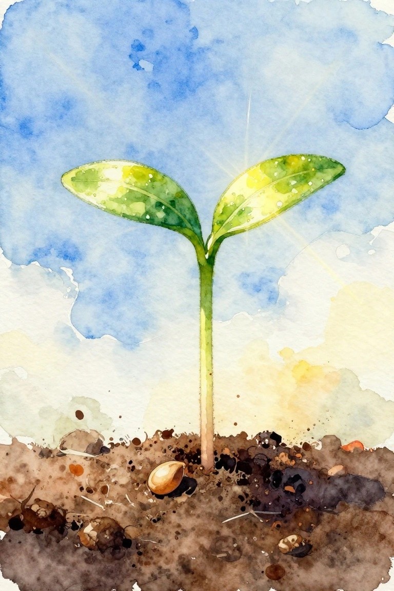 Watercolor painting of a green seedling sprouting from soil under a sunny blue sky