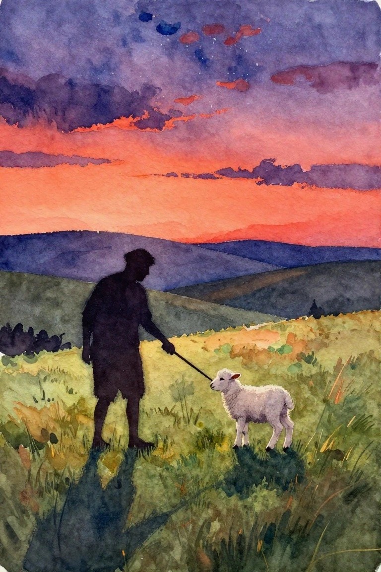 Silhouetted figure leads white lamb across grassy hills under vibrant sunset sky