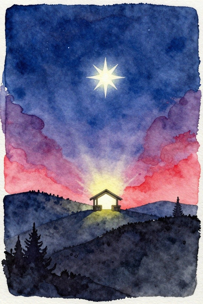 Watercolor painting of a bright star above a small wooden stable on a hill under a dark blue sky with pink and purple clouds and silhouetted trees.