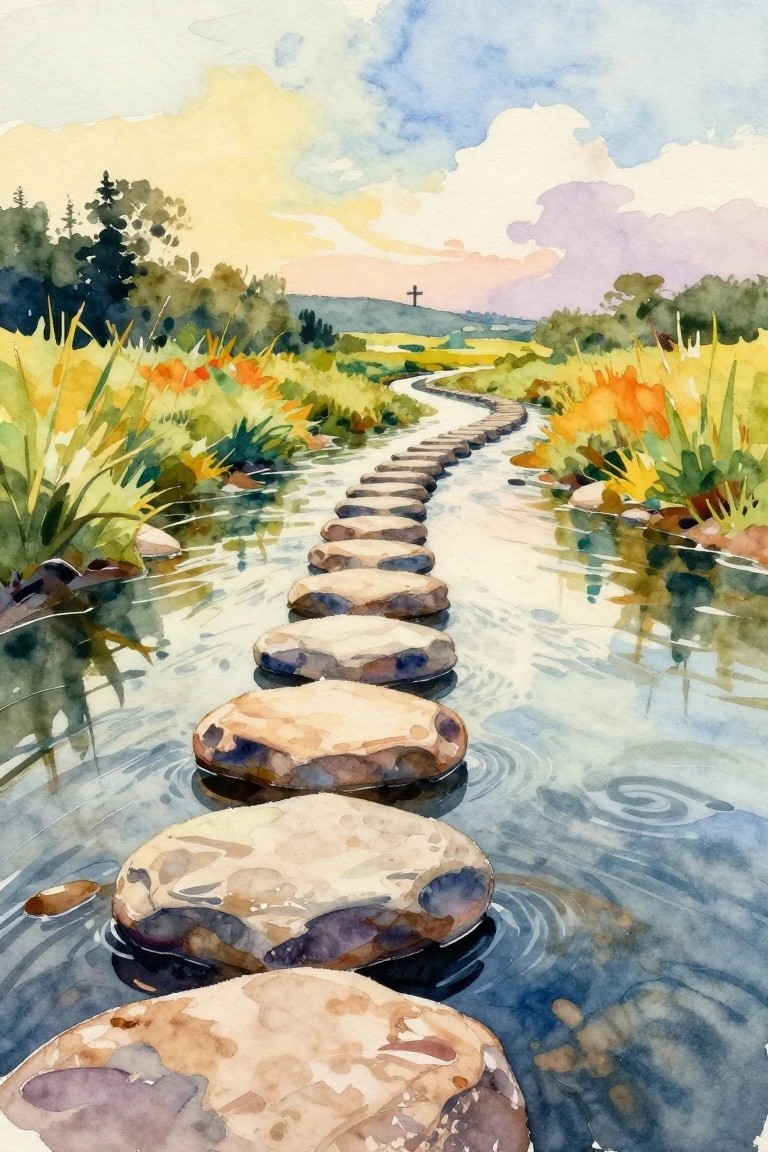 Watercolor of winding stepping stones across rippling water toward a distant cross.
