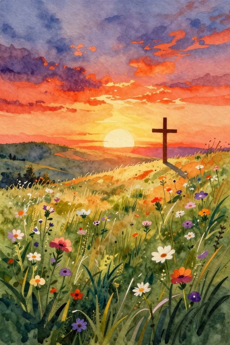Watercolor sunset landscape with wooden cross amid colorful wildflowers on hillside