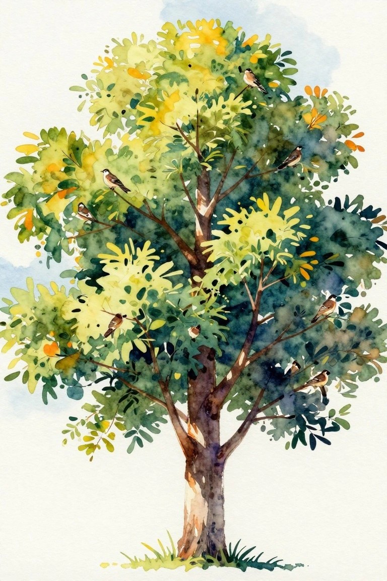 Watercolor tree with green-yellow leaves and multiple small birds on branches