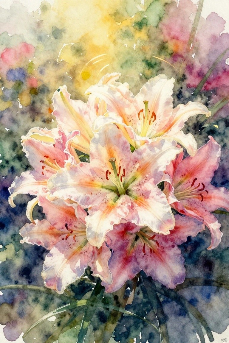 Watercolor painting of blooming pink and white lilies with vibrant abstract background