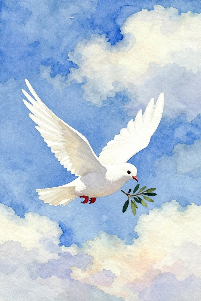 White dove flying with olive branch against blue sky with clouds, watercolor style.