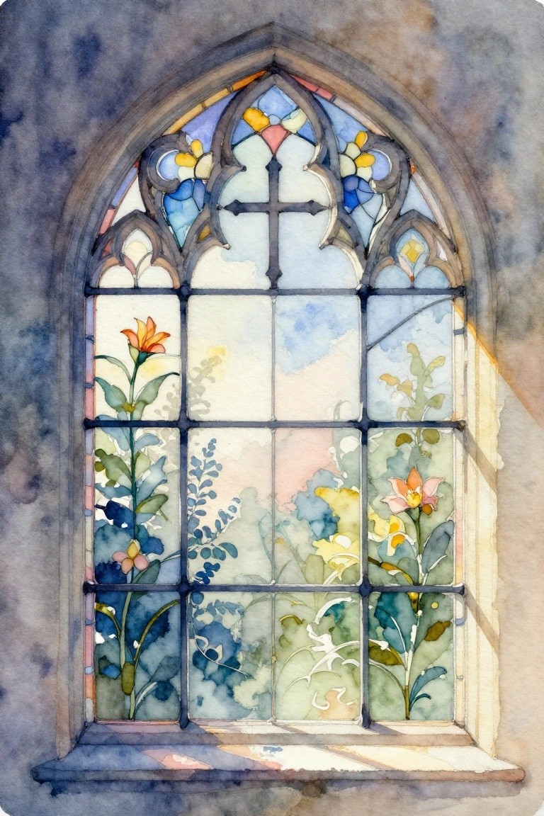 Arched stained glass window with central cross and colorful floral panels in watercolor