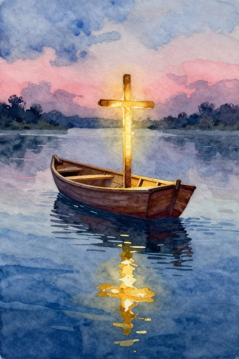 Watercolor of wooden boat holding glowing cross on calm water under colorful sunset sky.
