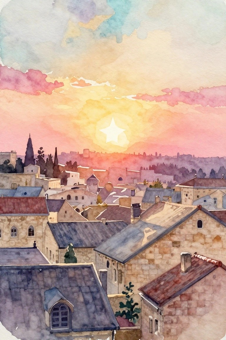 Watercolor cityscape of stone rooftops under vibrant sunset with glowing star