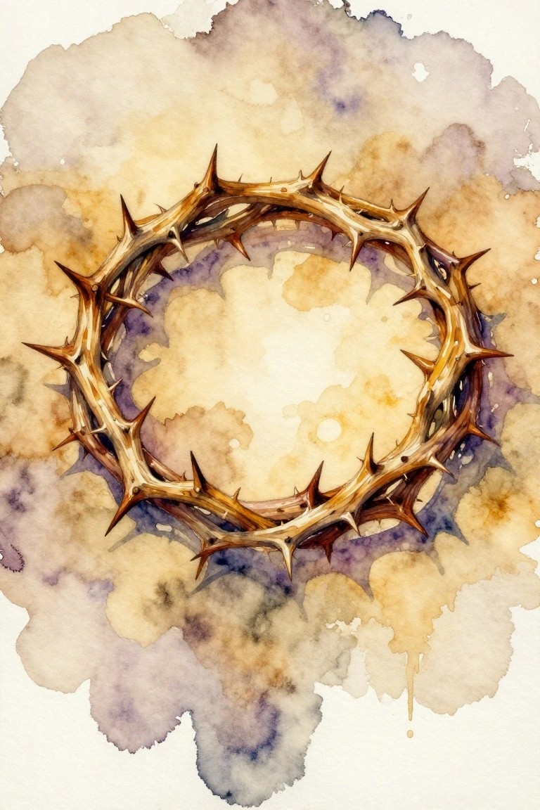 Watercolor crown of thorns with sharp spikes on beige purple wash background