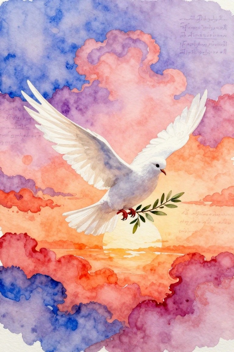 Watercolor painting of a white dove in flight carrying an olive branch over a sunset ocean with colorful clouds.