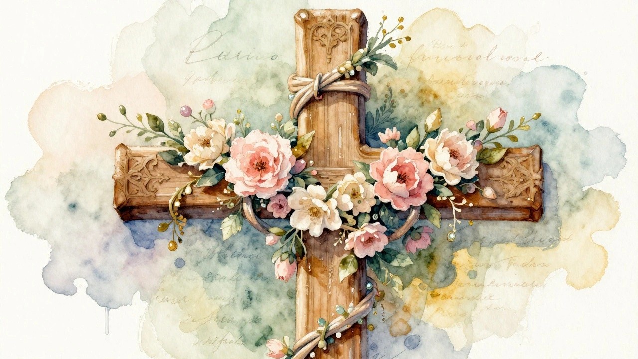 Ornate wooden cross wrapped in beads, surrounded by pink flowers and greenery in watercolor.