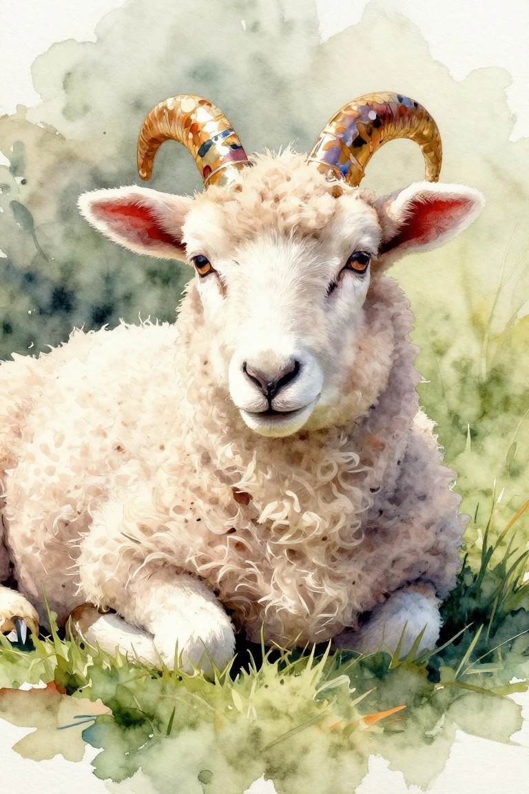 Watercolor of fluffy white sheep with colorful horns resting in green grass