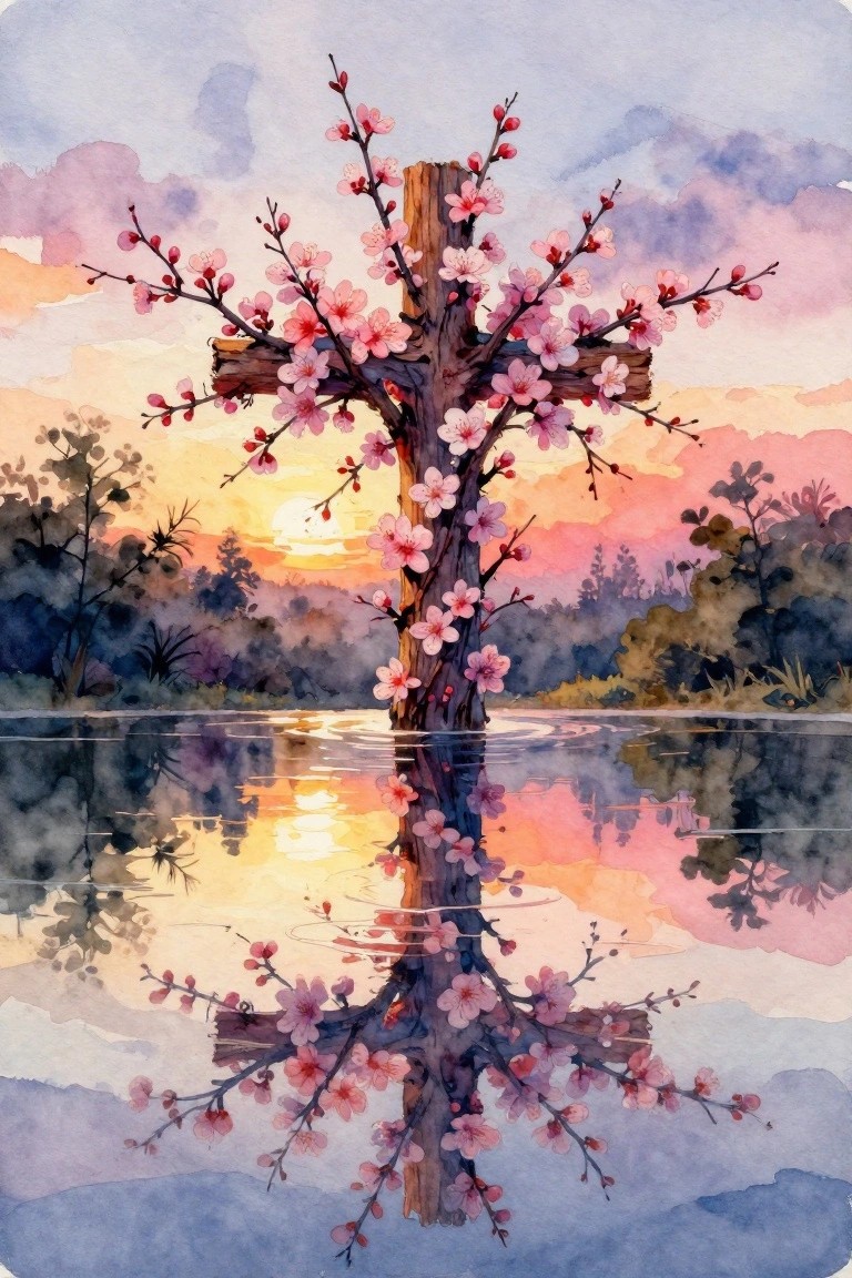 Wooden cross blooming with pink cherry blossoms reflected in colorful sunset waters