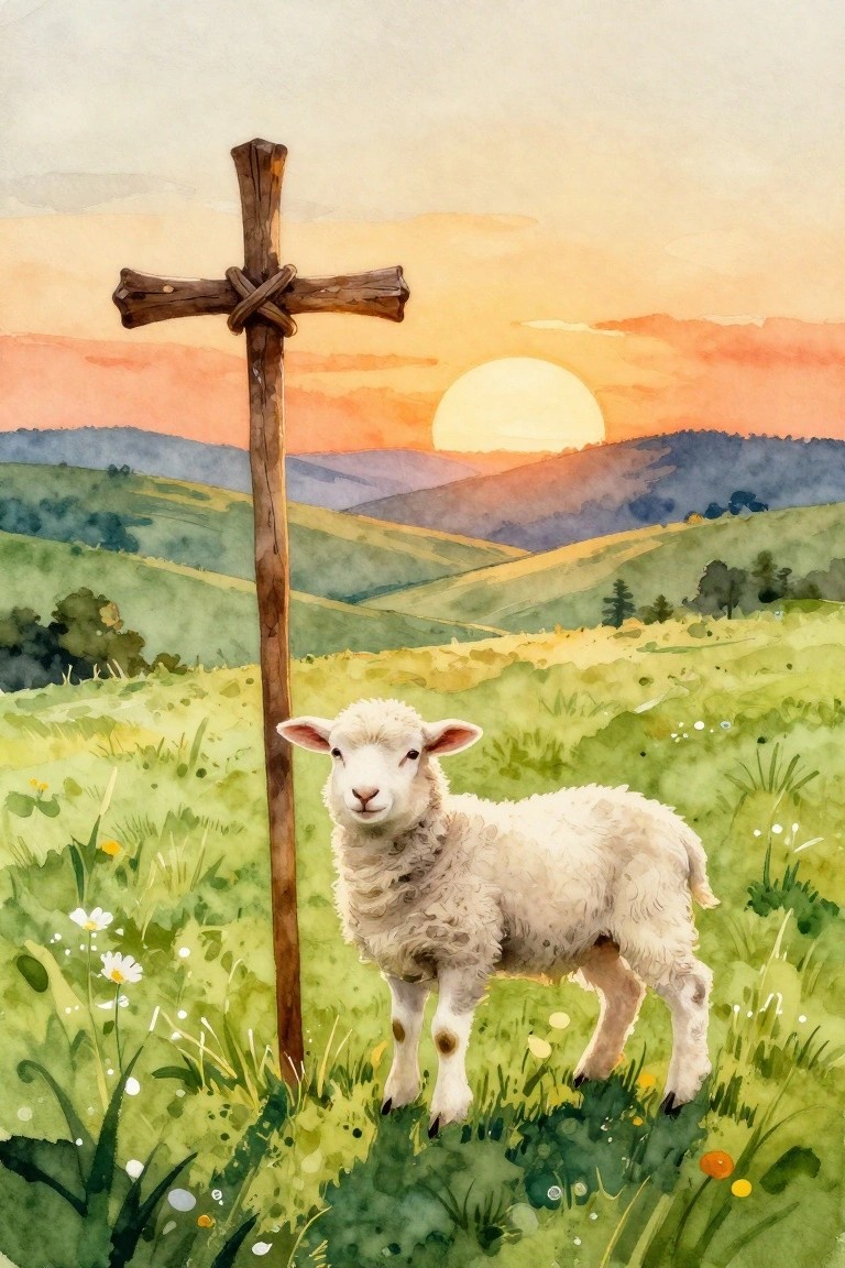 White lamb stands beside wooden cross in green field at colorful sunset
