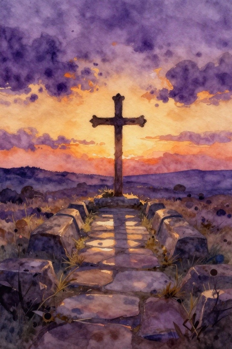 Watercolor of wooden cross on stone path under vibrant purple-orange sunset sky