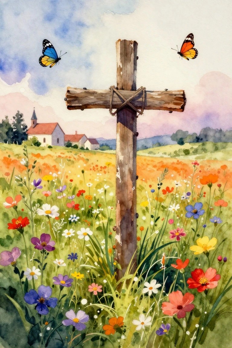 Wooden cross amid colorful wildflowers with two butterflies and distant church in watercolor style