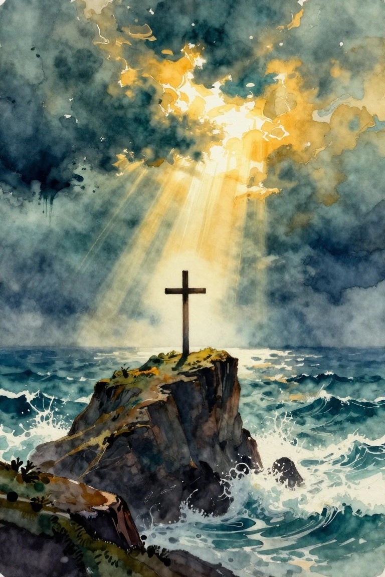 A wooden cross stands on a rocky outcrop in the ocean beneath stormy clouds with bright sunlight rays breaking through.