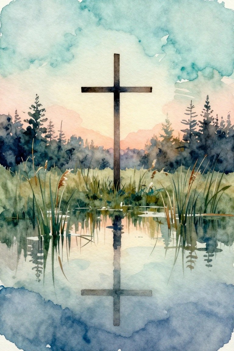 Watercolor of wooden cross reflected in pond amid reeds and pine forest under colorful sky