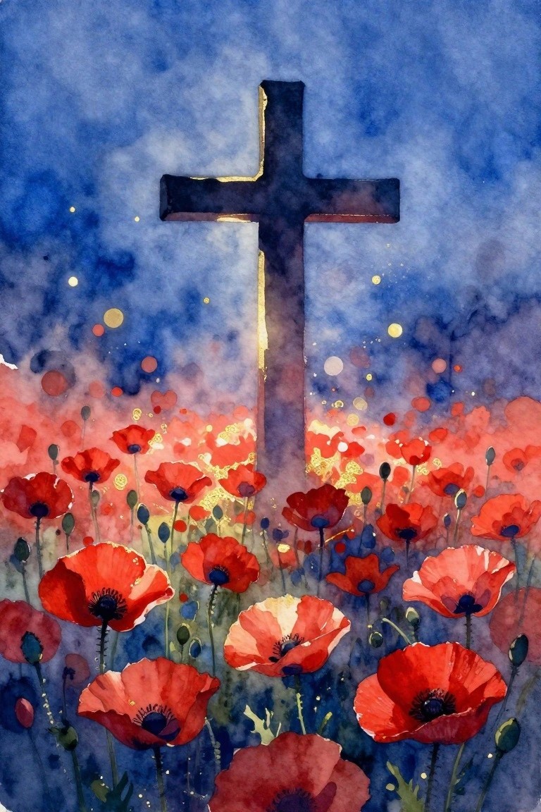 Watercolor cross rising over red poppies beneath a glowing blue night sky.