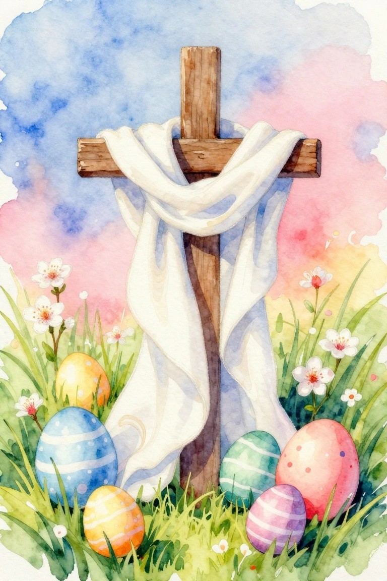 Watercolor cross draped in white cloth amid colorful Easter eggs and spring flowers