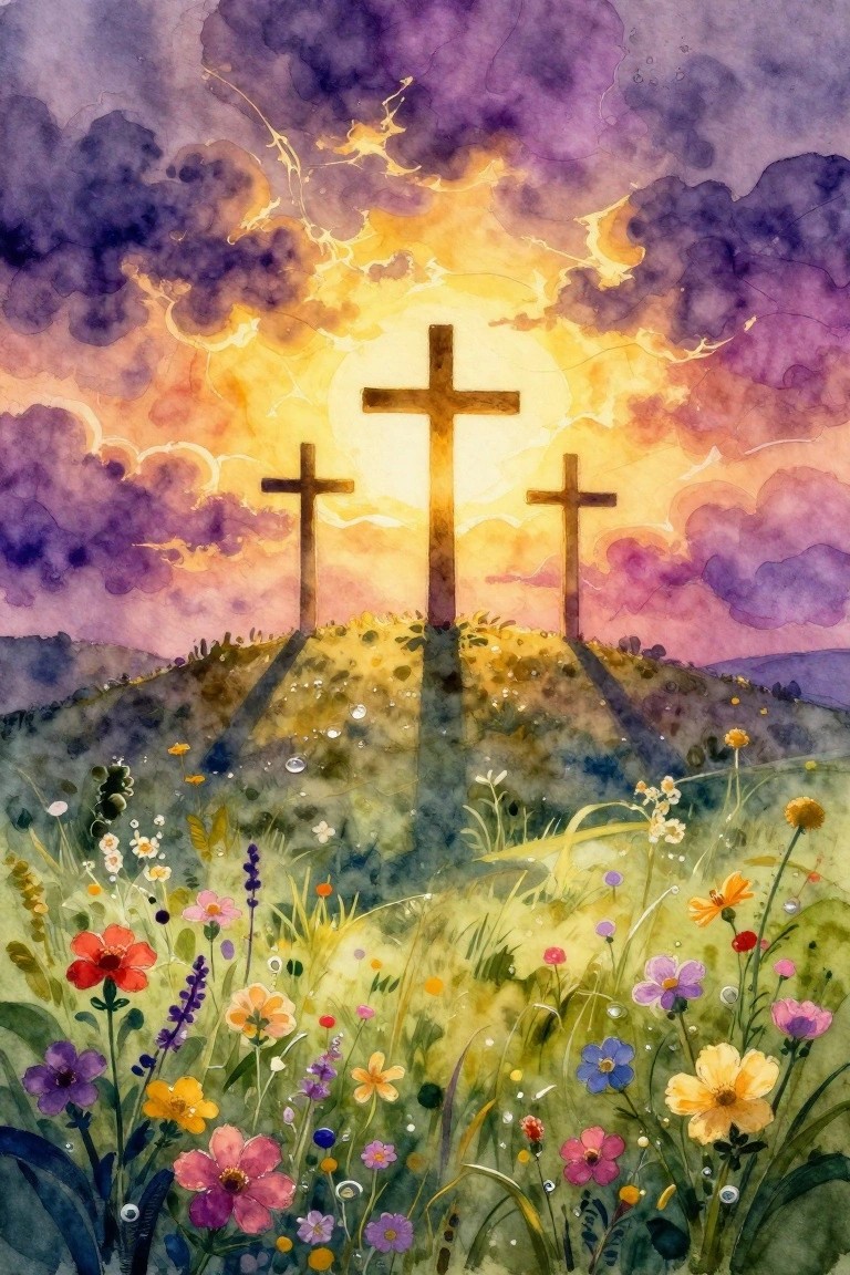 Watercolor of three crosses on a flower-covered hill beneath a vibrant sunset sky