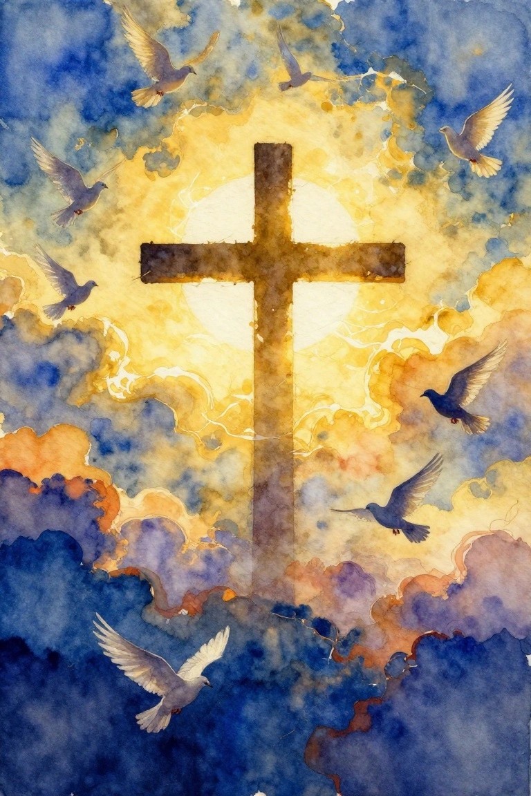 Watercolor cross amid golden clouds with white doves soaring in a vibrant sky