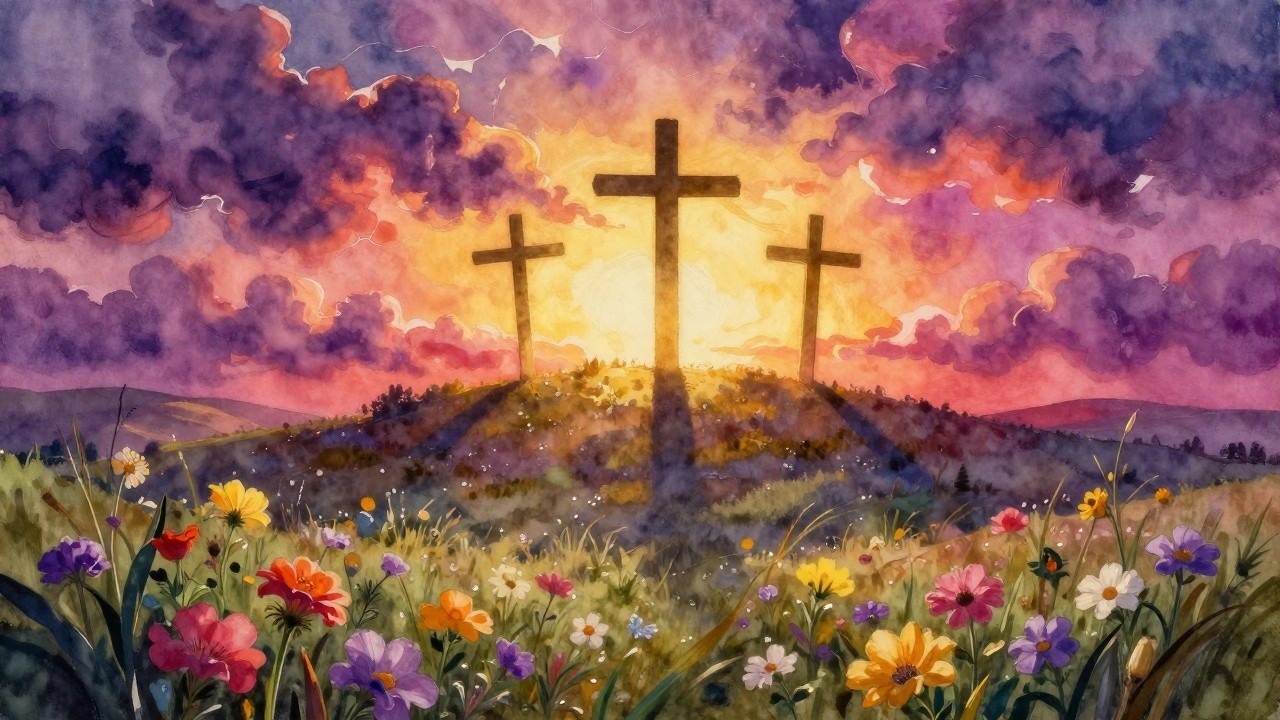 Watercolor of three crosses on a flower-covered hill beneath a vibrant sunset sky