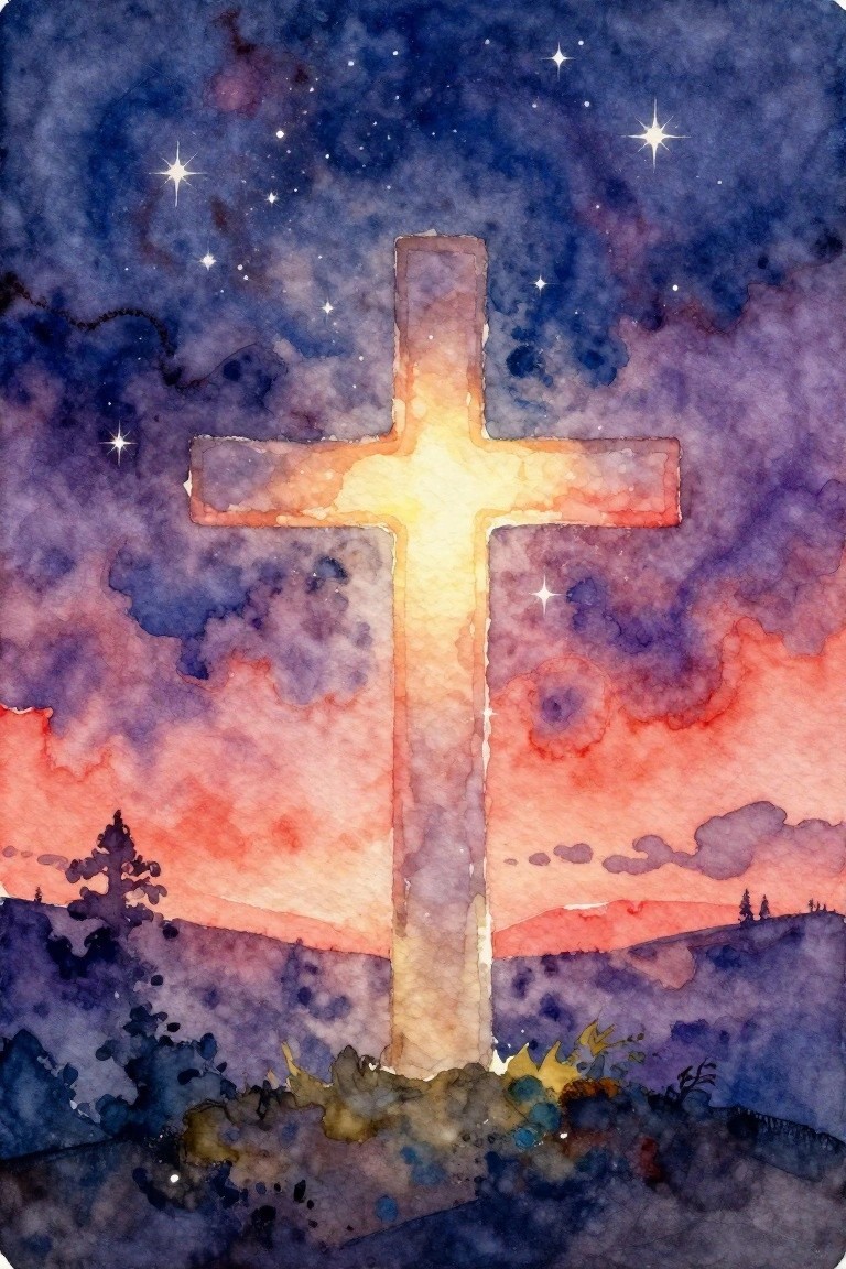Watercolor glowing cross under starry sky with blue purple and orange clouds over hills