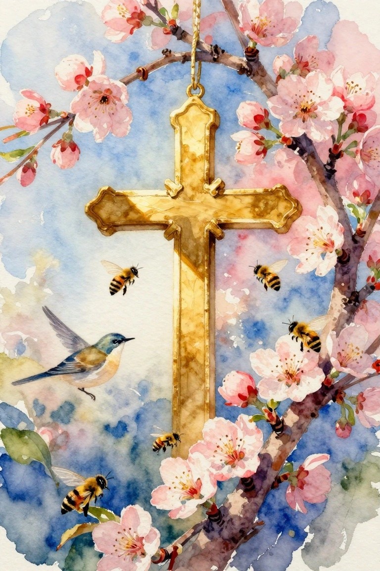 Golden cross hangs from pink cherry blossoms amid bees and bird in watercolor style