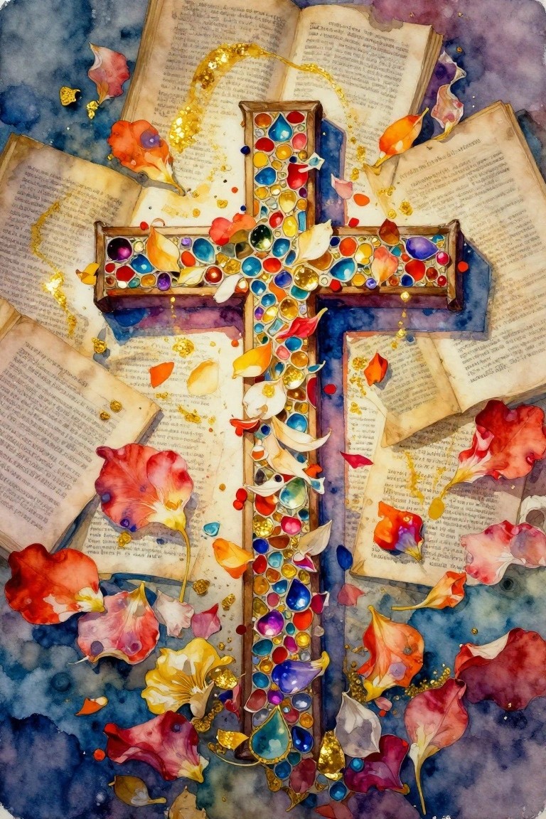 Jeweled cross amid open books, vibrant petals, and golden glitter in watercolor style