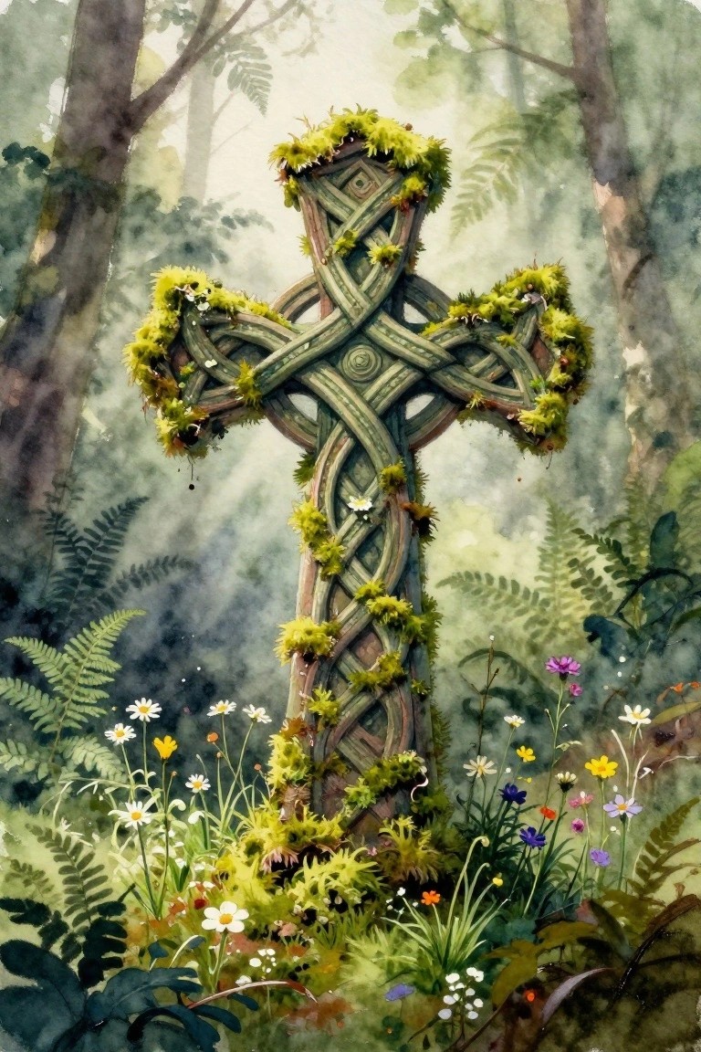 Moss-covered Celtic cross amid ferns and wildflowers in misty forest watercolor