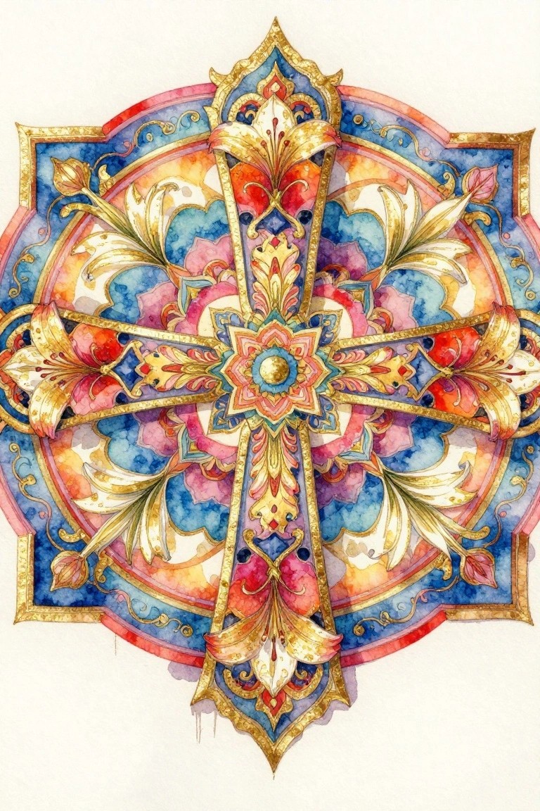 Ornate golden cross with vibrant watercolor florals, lilies, and mandala patterns