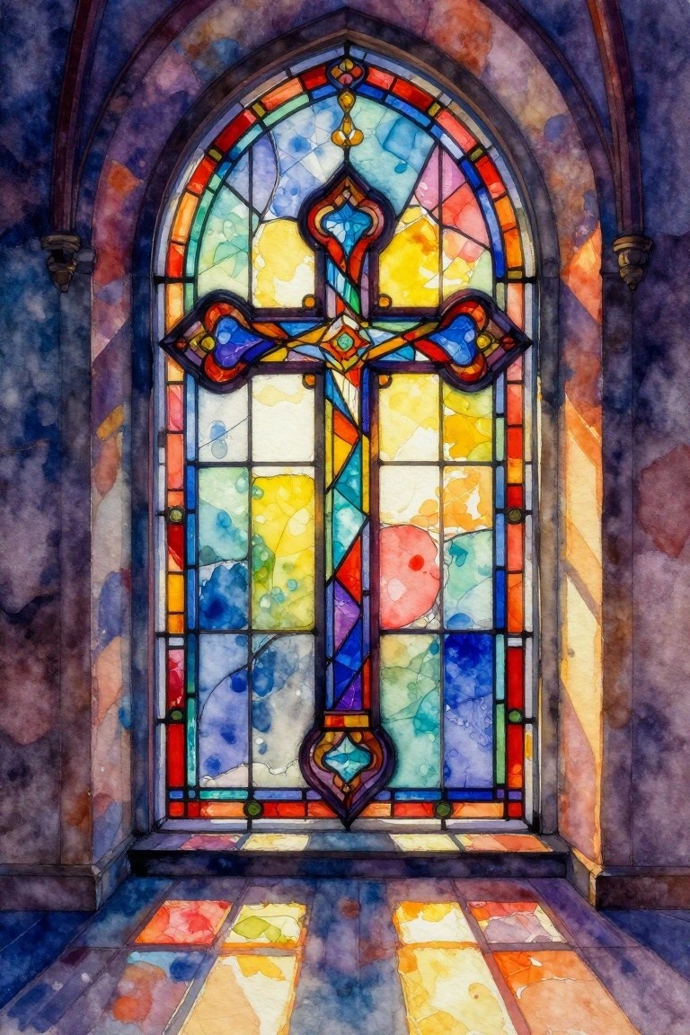 Vibrant rainbow-hued stained glass cross in ornate arched church window