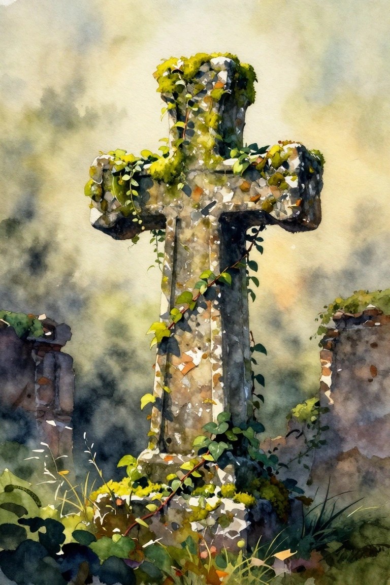 Weathered stone cross overgrown with green vines in misty cemetery ruins