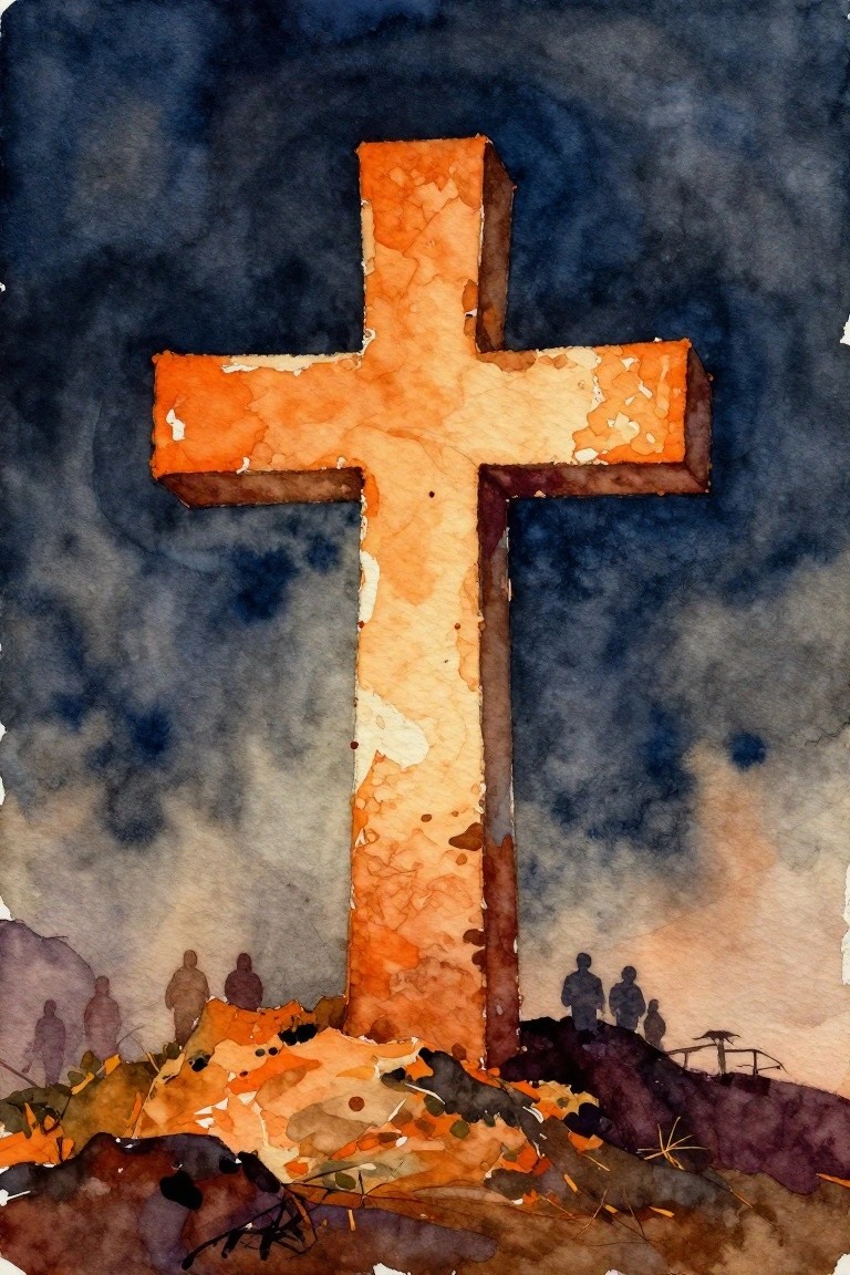 Watercolor of large orange cross with silhouetted figures under dark stormy sky.