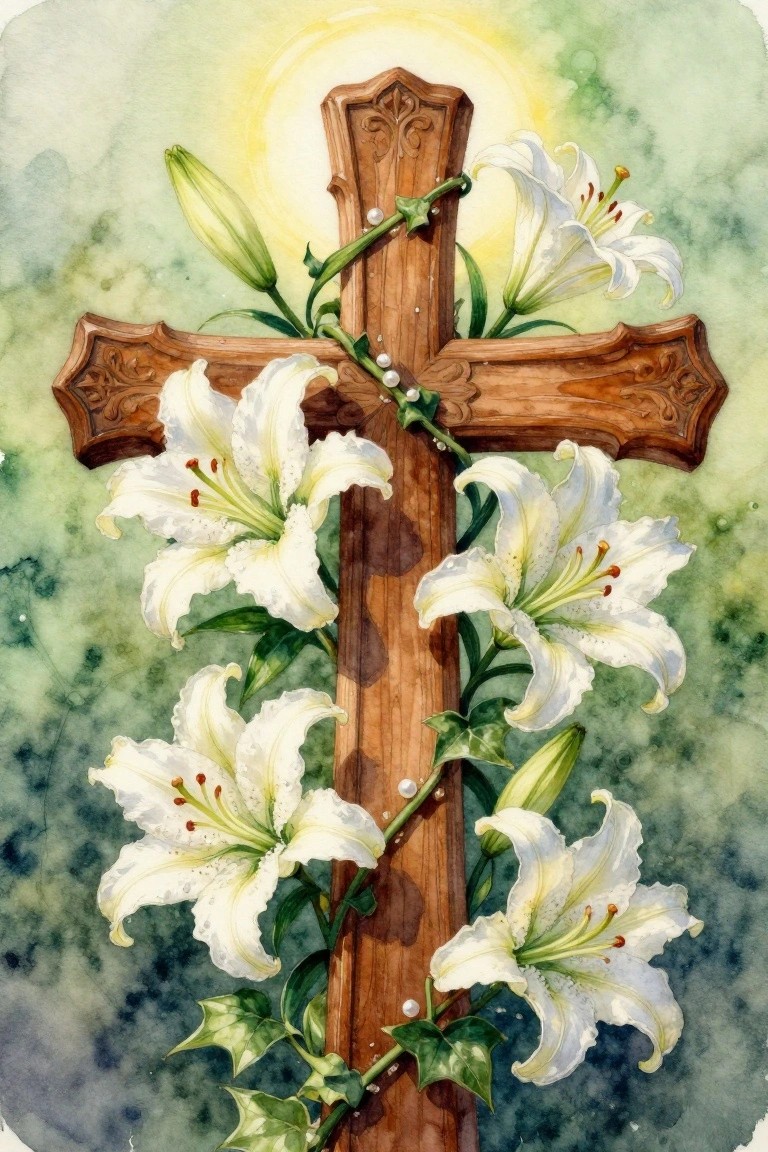 Ornate wooden cross wrapped in white lilies with pearls on green watercolor background