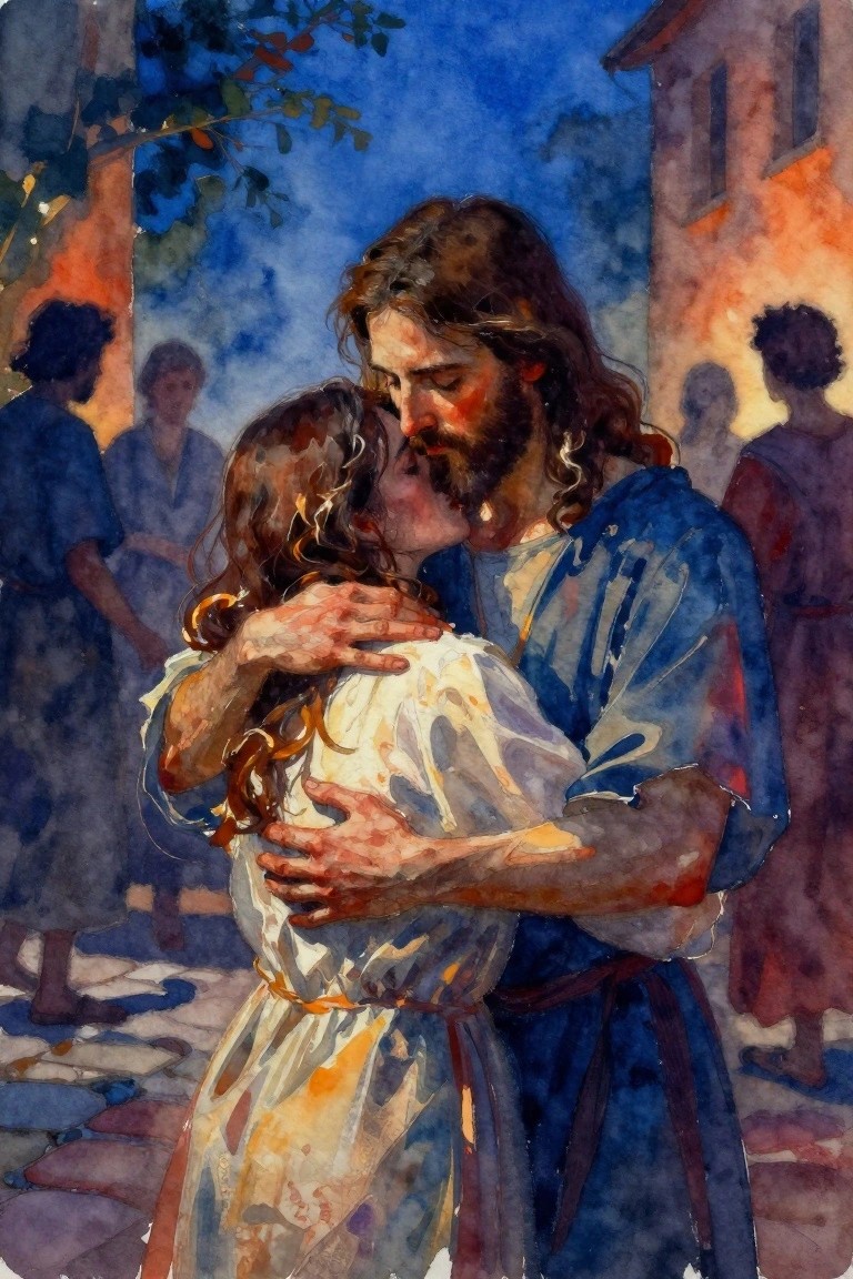Jesus in blue robe embraces woman in white dress amid ancient village scene