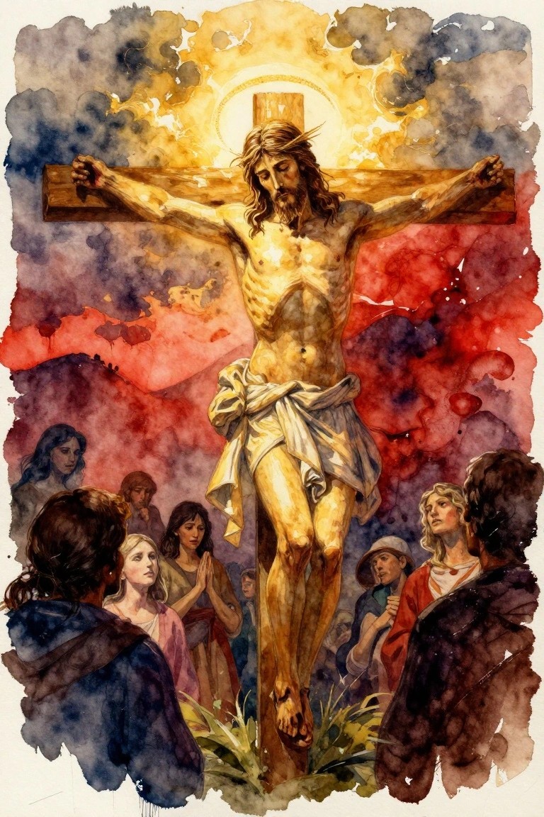 Crucified Jesus with golden halo amid onlookers in dramatic red-blue watercolor.
