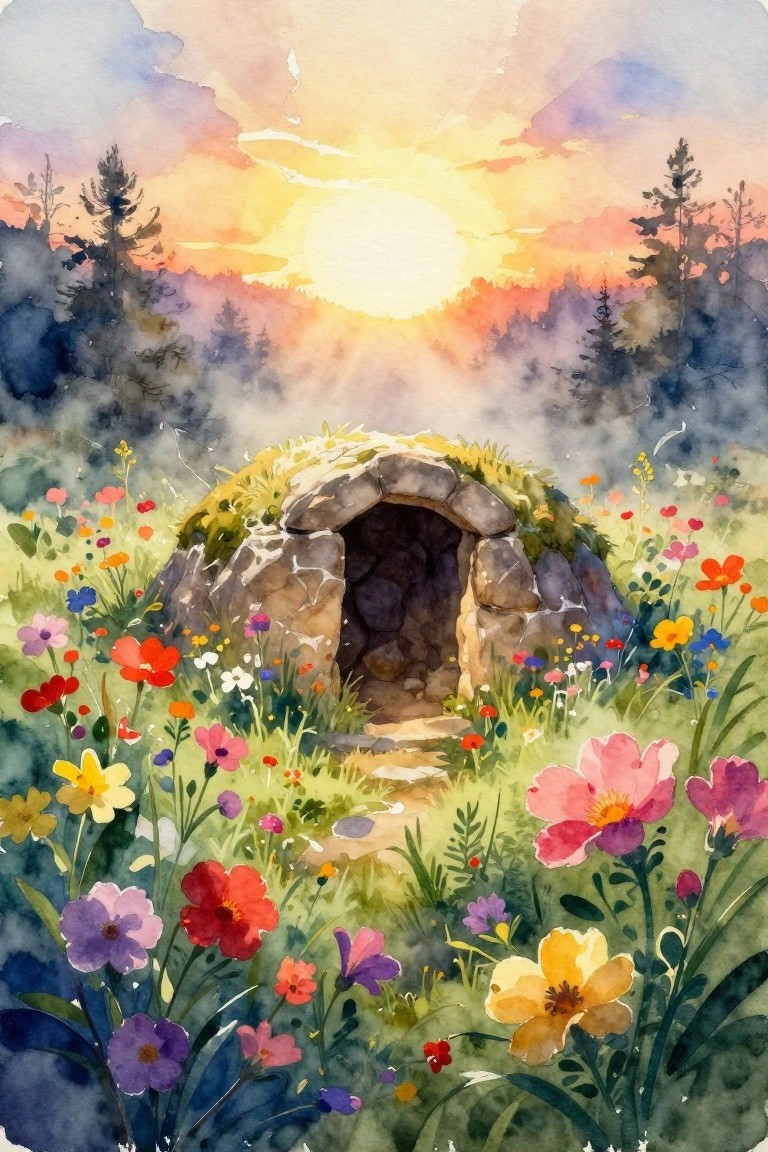 Watercolor of a mossy stone cave entrance amid colorful wildflowers at vibrant sunset