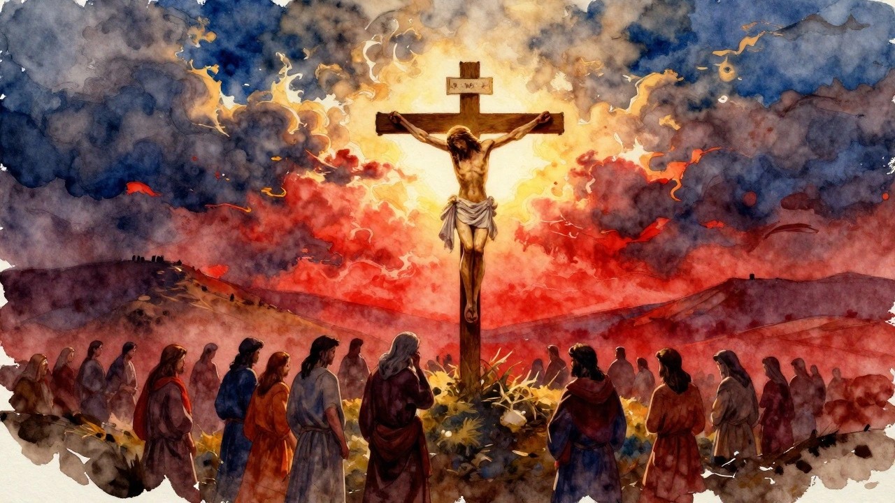 Crucified Jesus with golden halo amid onlookers in dramatic red-blue watercolor.