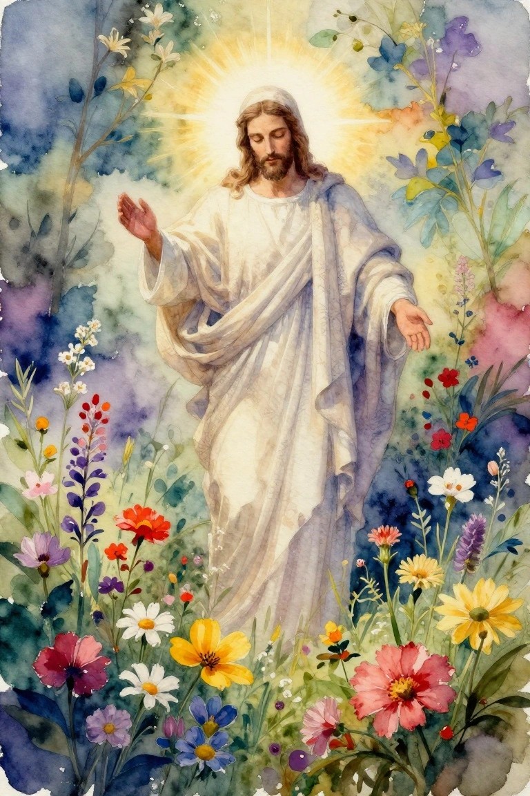 Jesus in white robes with outstretched arms amid vibrant wildflowers and radiant halo