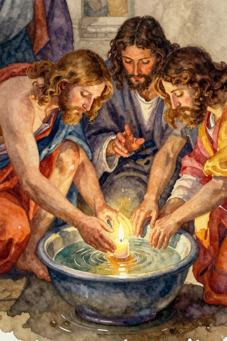 Three robed men in watercolor reach toward a lit candle floating in a bowl.
