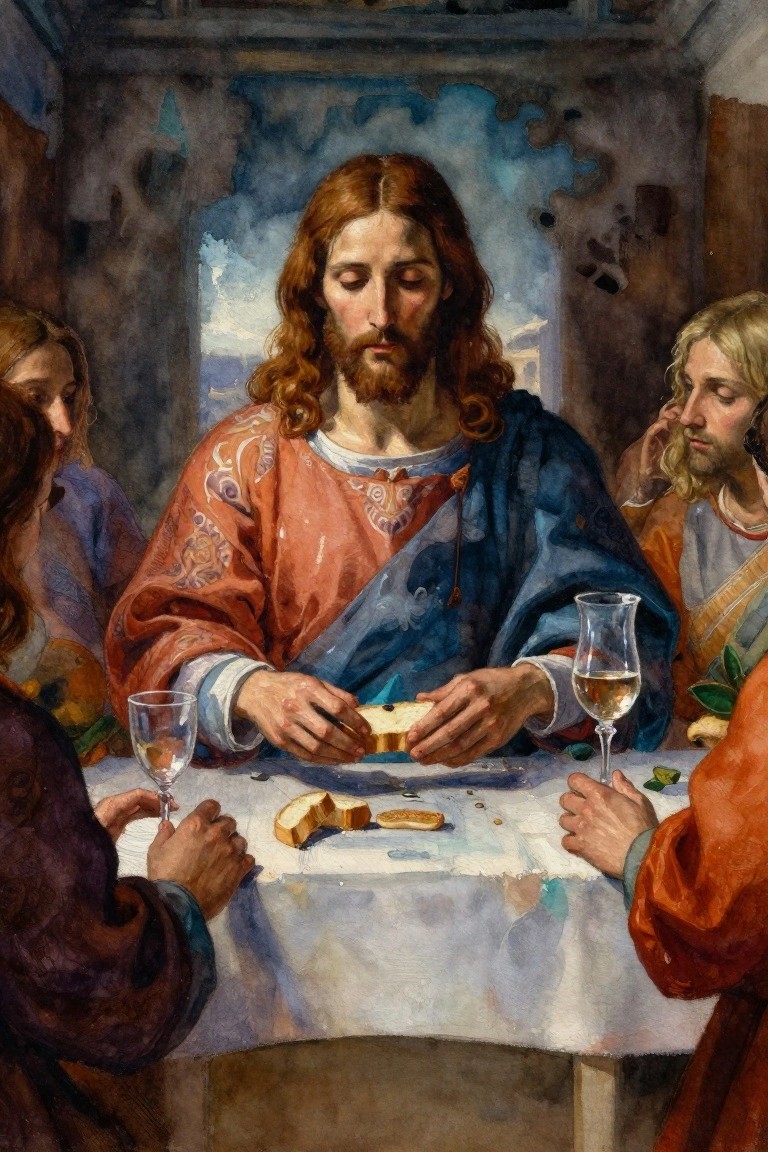 Watercolor painting of Jesus breaking bread at a table with disciples seated around him.