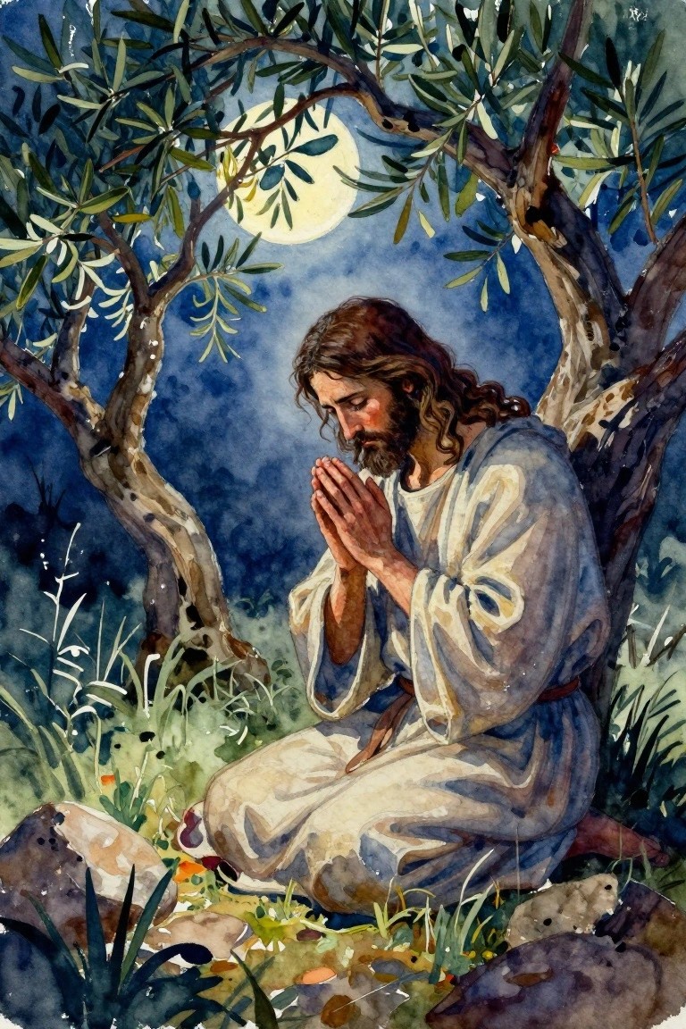 Jesus in blue-white robes kneels praying beneath moonlit olive trees at night.