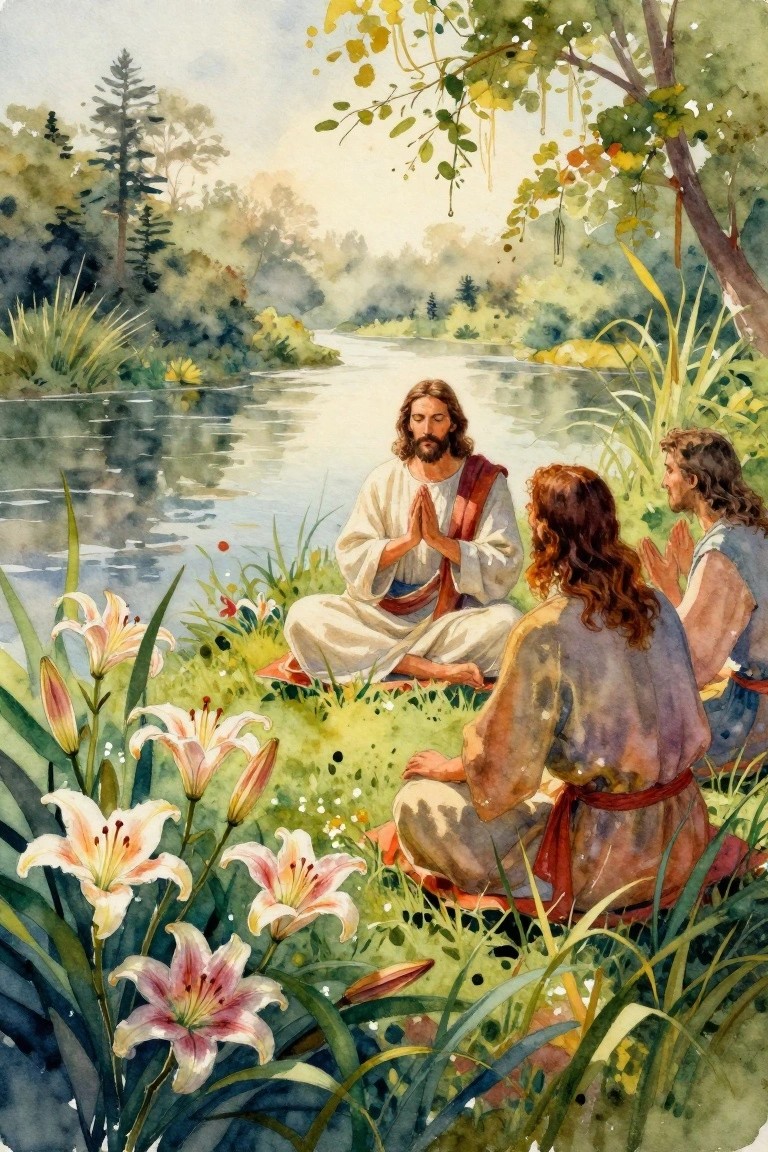 Watercolor of Jesus and two robed men praying by a lily-filled river
