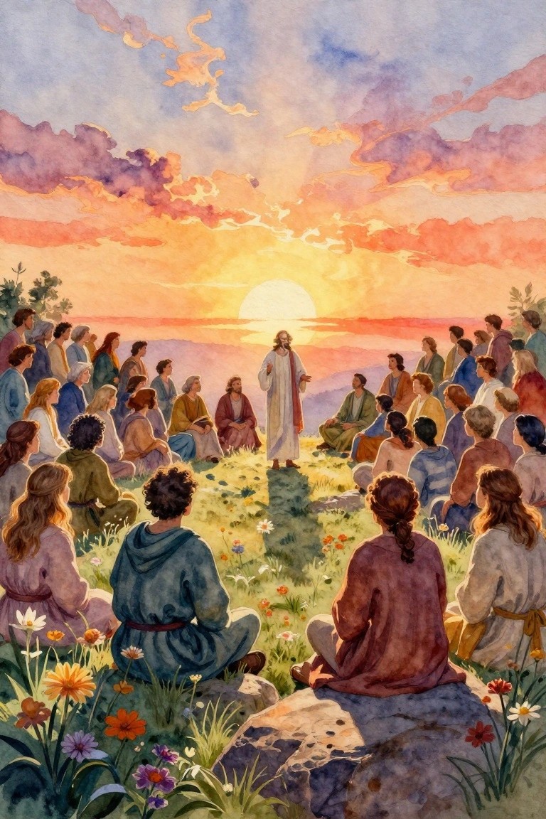 Jesus in white robe addresses crowd in colorful robes on grassy hillside at sunset